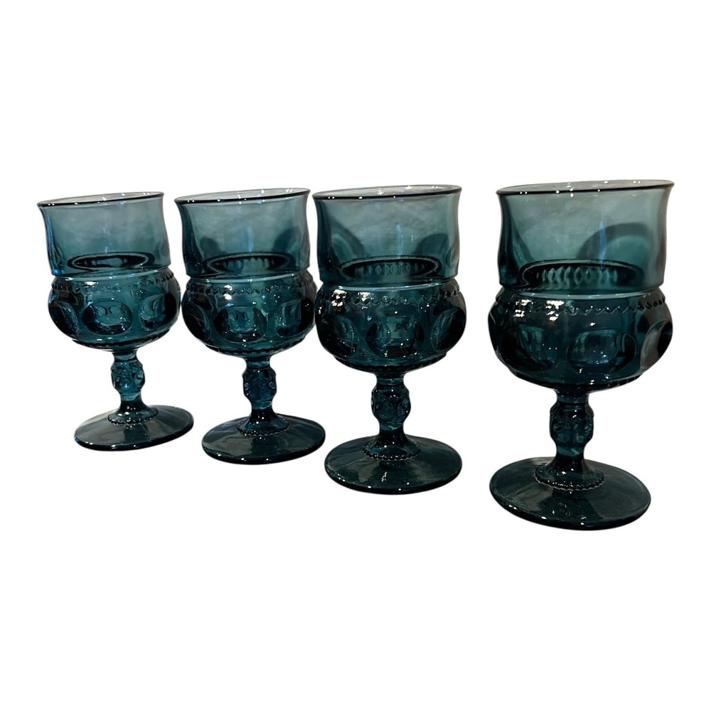 Vintage INDIANA GLASS Kings Crown Thumbprint Teal Goblet Glasses  Set of 4‎